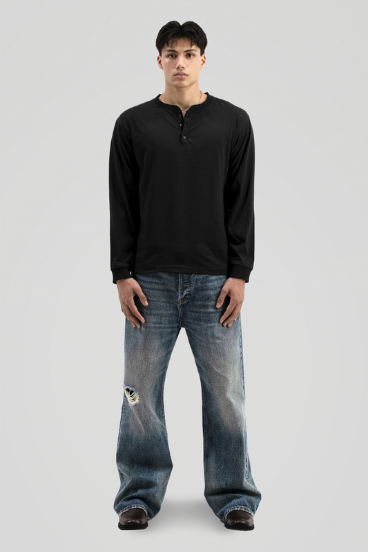 'Black' Henley Long Sleeve Tee
